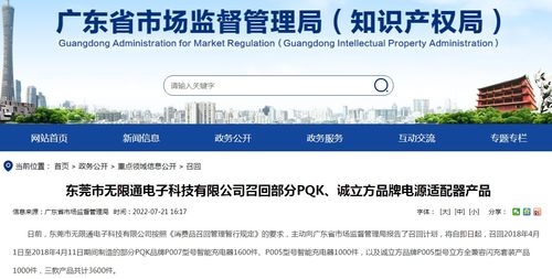 東莞市無限通電子科技召回部分PQK誠立方品牌電源適配器產品，上海網絡與信息安全軟件開發